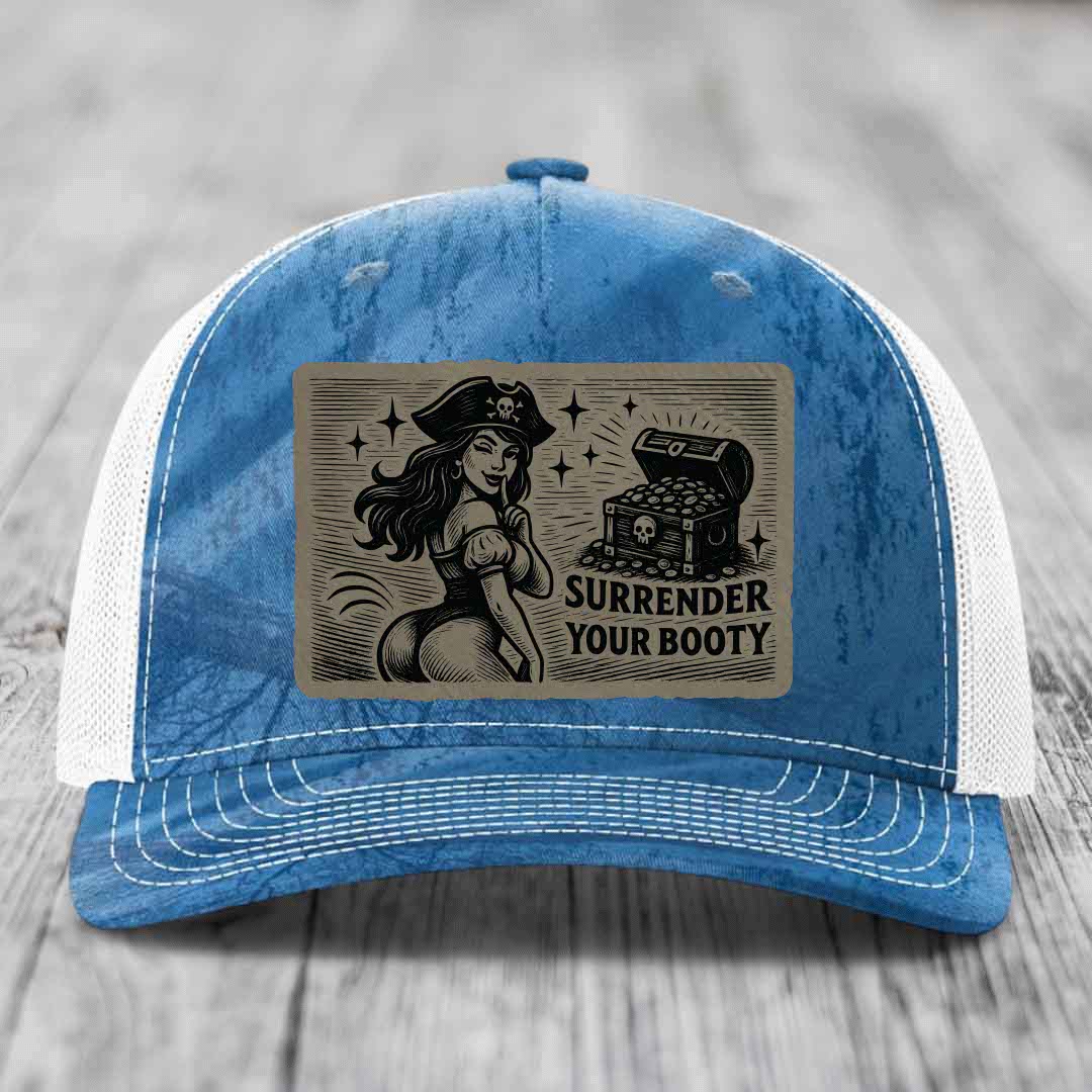 Surrender Your Booty - Leather Patch Hat - Light Brown to Black Patch - Richardson 112PFP Snapback Trucker Hat