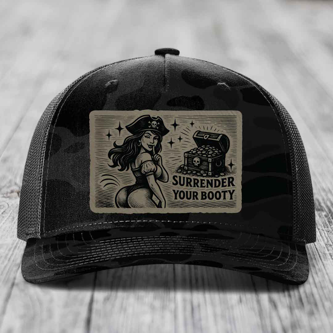 Surrender Your Booty - Leather Patch Hat - Light Brown to Black Patch - Richardson 112PFP Snapback Trucker Hat