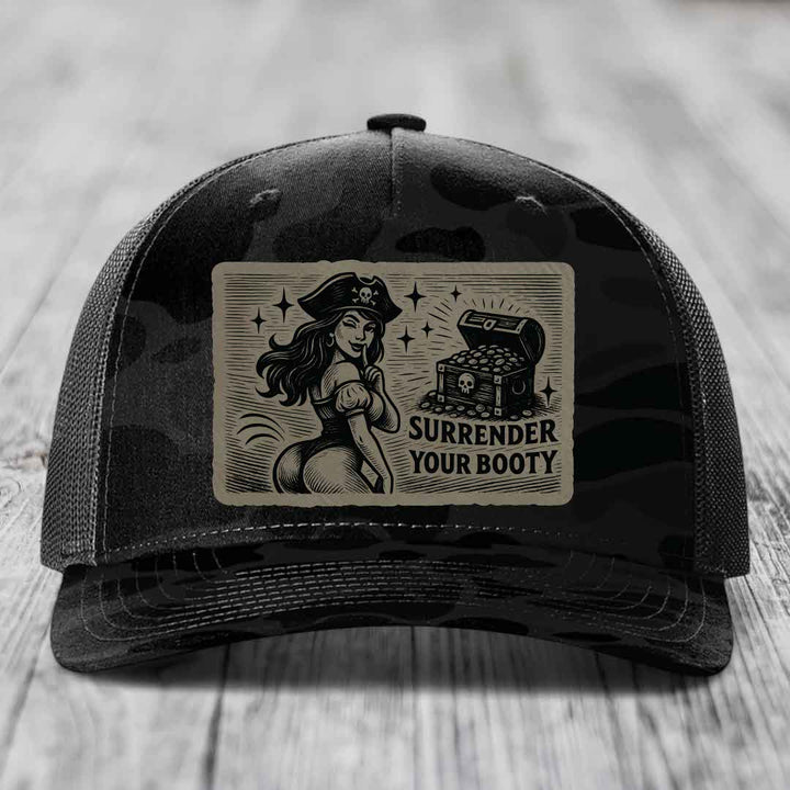Surrender Your Booty - Leather Patch Hat - Light Brown to Black Patch - Richardson 112PFP Snapback Trucker Hat