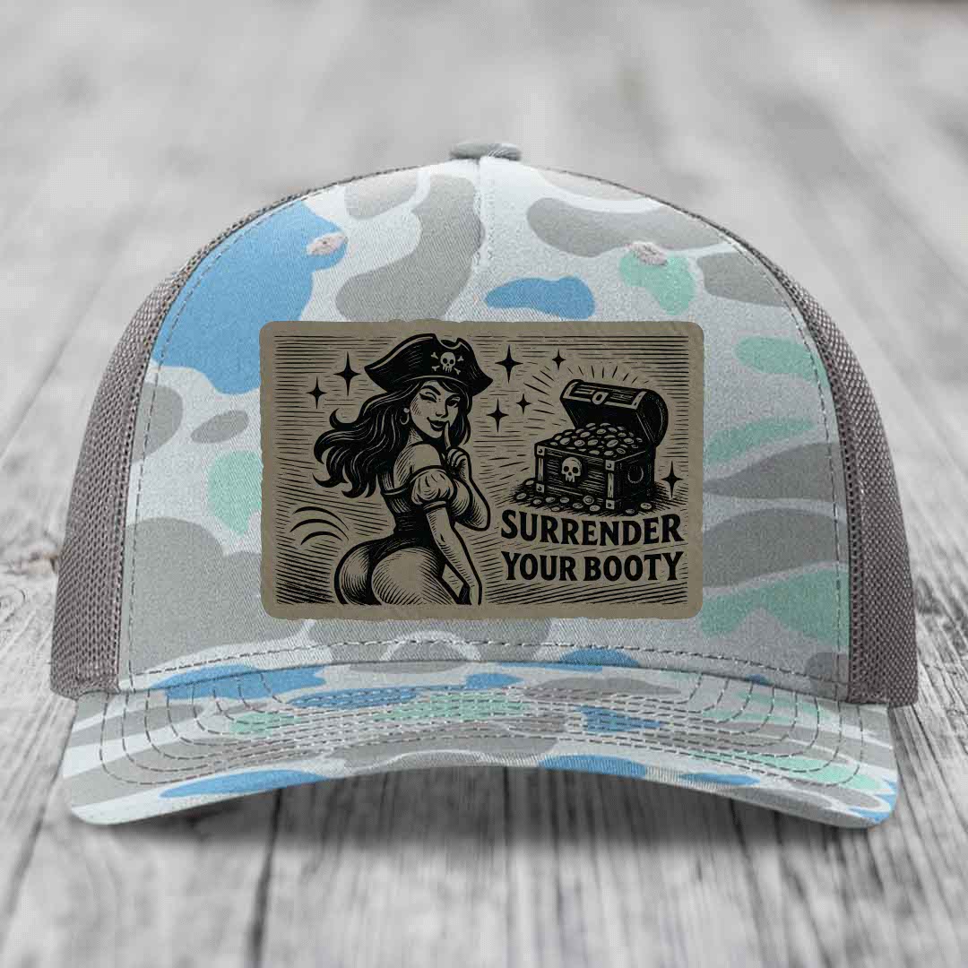 Surrender Your Booty - Leather Patch Hat - Light Brown to Black Patch - Richardson 112PFP Snapback Trucker Hat
