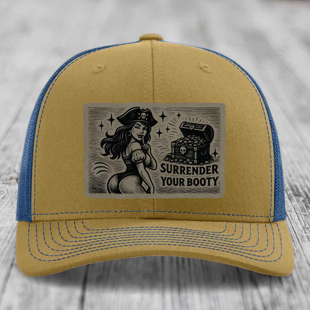 Tan and blue trucker hat with &