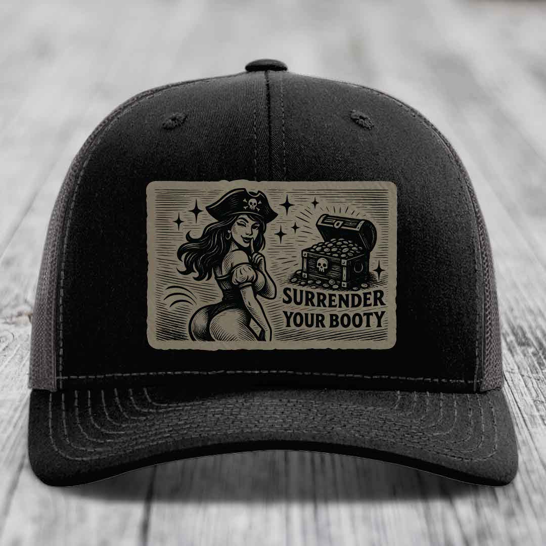 Surrender Your Booty - Leather Patch Hat - Light Brown to Black Patch - Richardson 112 Snapback Trucker Hat