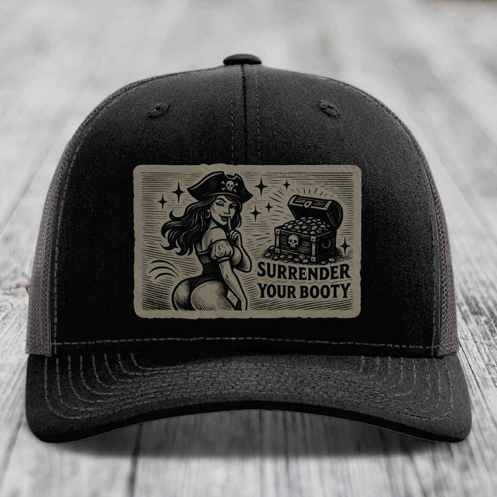 Surrender Your Booty - Leather Patch Hat - Light Brown to Black Patch - Richardson 112 Snapback Trucker Hat