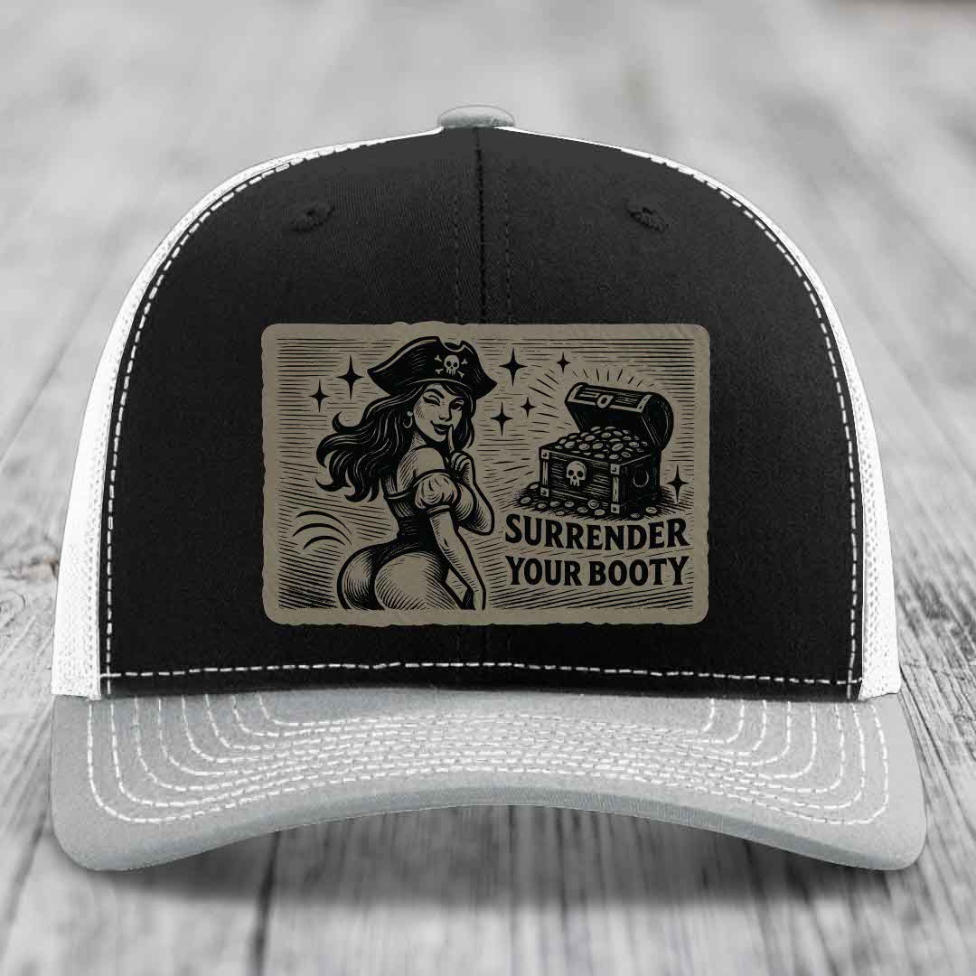 Surrender Your Booty - Leather Patch Hat - Light Brown to Black Patch - Richardson 112 Snapback Trucker Hat