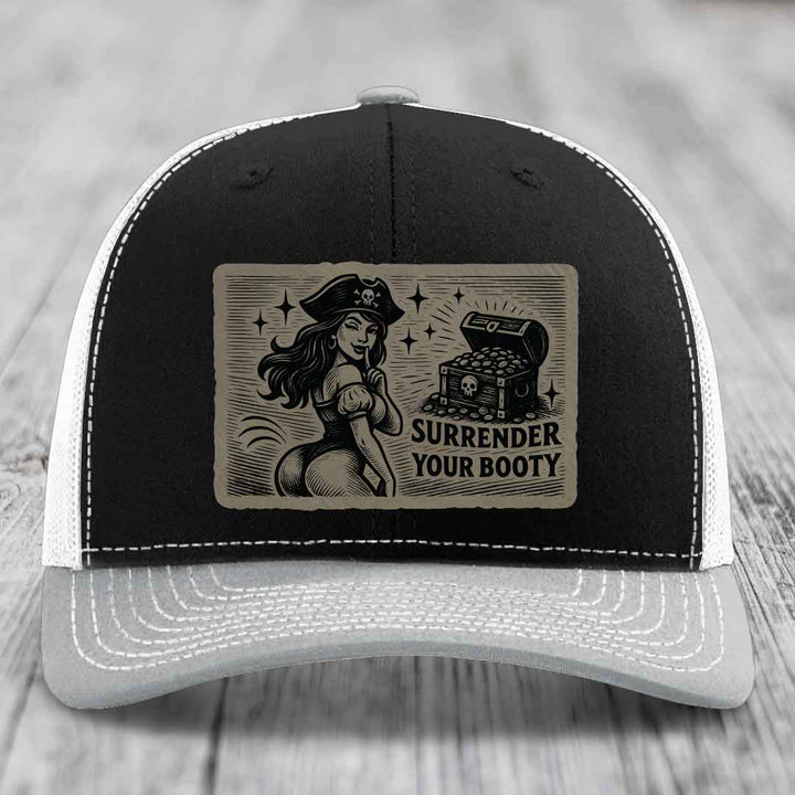 Surrender Your Booty - Leather Patch Hat - Light Brown to Black Patch - Richardson 112 Snapback Trucker Hat