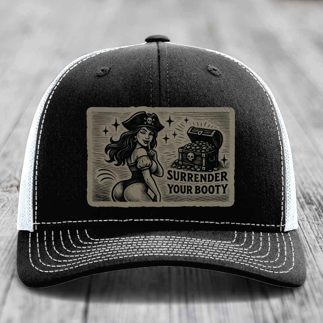 Surrender Your Booty - Leather Patch Hat - Light Brown to Black Patch - Richardson 112 Snapback Trucker Hat