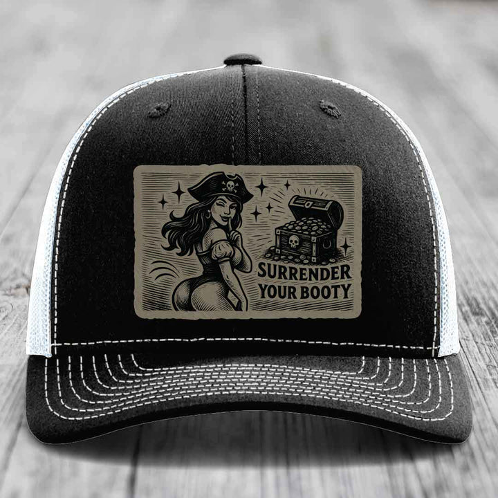 Surrender Your Booty - Leather Patch Hat - Light Brown to Black Patch - Richardson 112 Snapback Trucker Hat