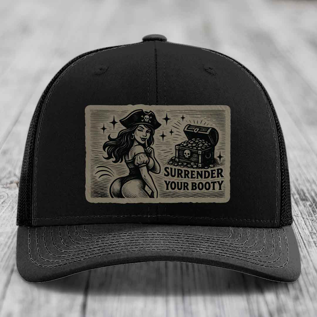 Surrender Your Booty - Leather Patch Hat - Light Brown to Black Patch - Richardson 112 Snapback Trucker Hat