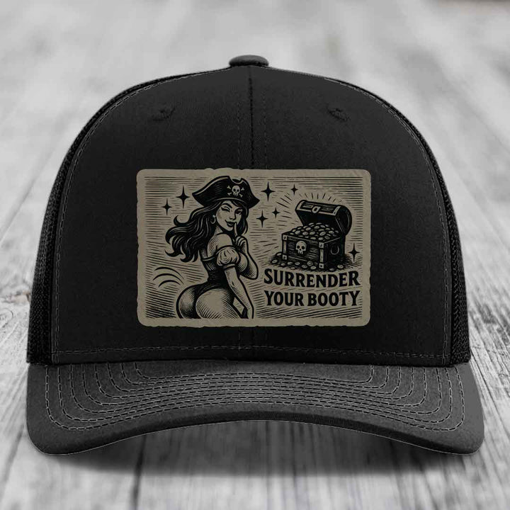 Surrender Your Booty - Leather Patch Hat - Light Brown to Black Patch - Richardson 112 Snapback Trucker Hat