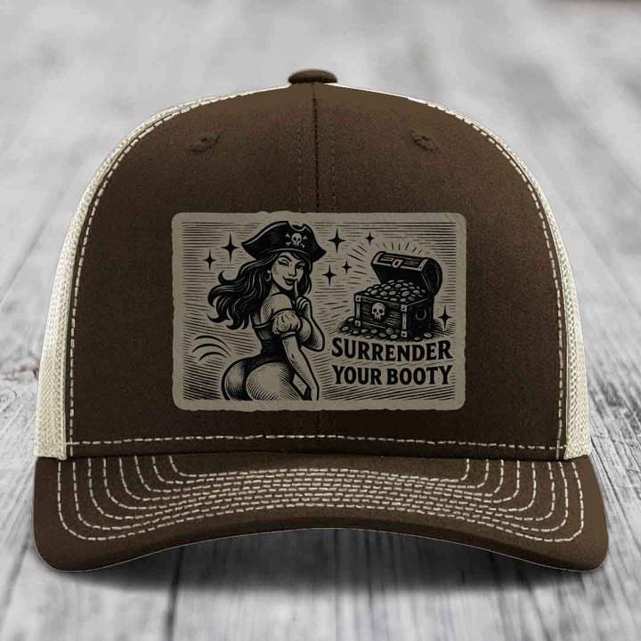 Surrender Your Booty - Leather Patch Hat - Light Brown to Black Patch - Richardson 112 Snapback Trucker Hat