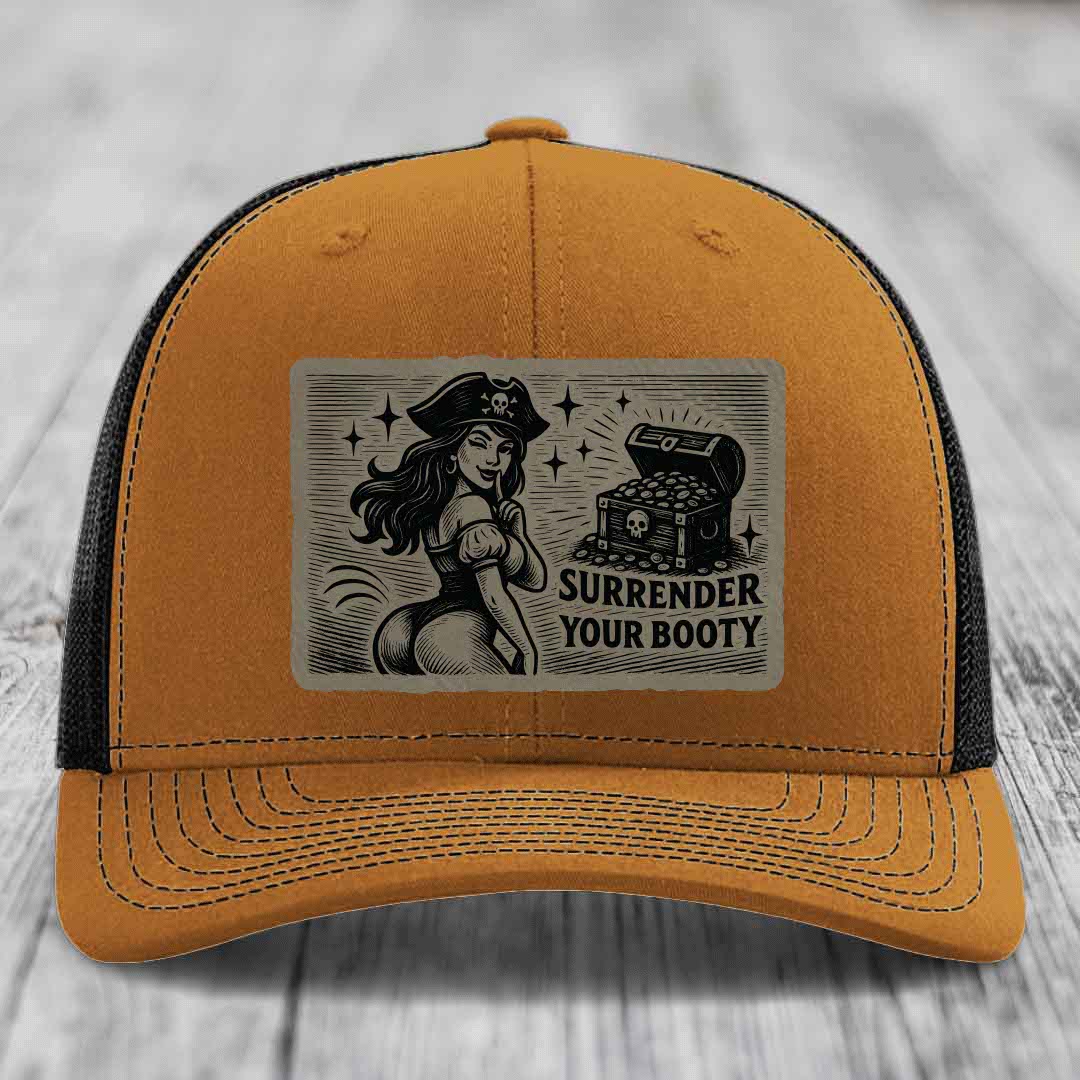 Surrender Your Booty - Leather Patch Hat - Light Brown to Black Patch - Richardson 112 Snapback Trucker Hat