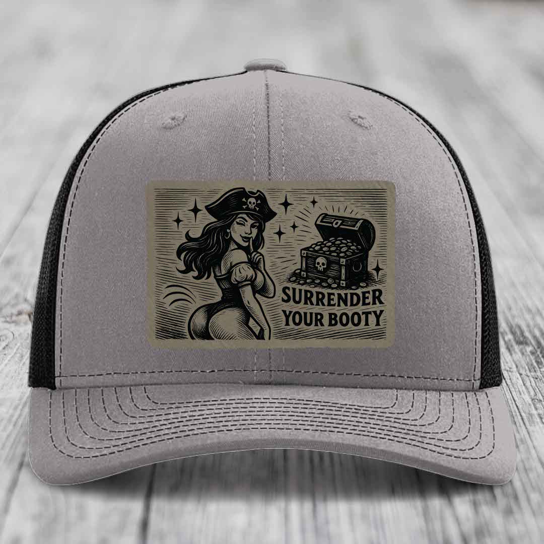 Surrender Your Booty - Leather Patch Hat - Light Brown to Black Patch - Richardson 112 Snapback Trucker Hat