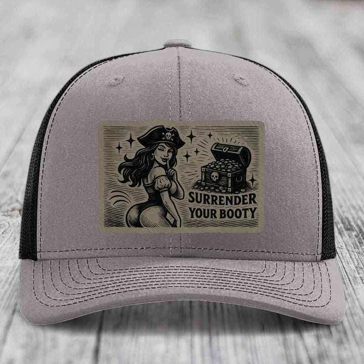 Surrender Your Booty - Leather Patch Hat - Light Brown to Black Patch - Richardson 112 Snapback Trucker Hat