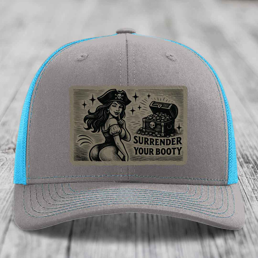 Surrender Your Booty - Leather Patch Hat - Light Brown to Black Patch - Richardson 112 Snapback Trucker Hat