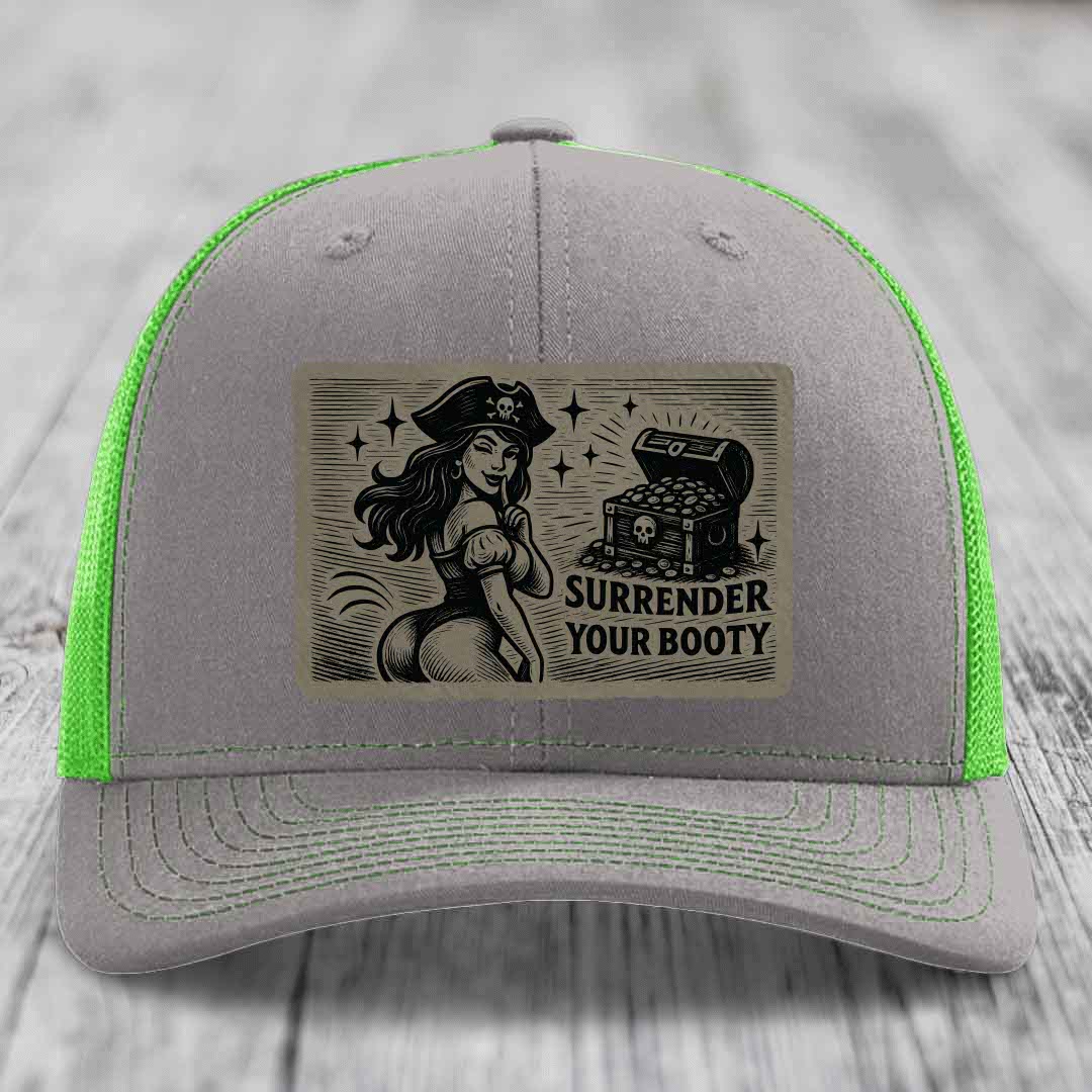 Surrender Your Booty - Leather Patch Hat - Light Brown to Black Patch - Richardson 112 Snapback Trucker Hat