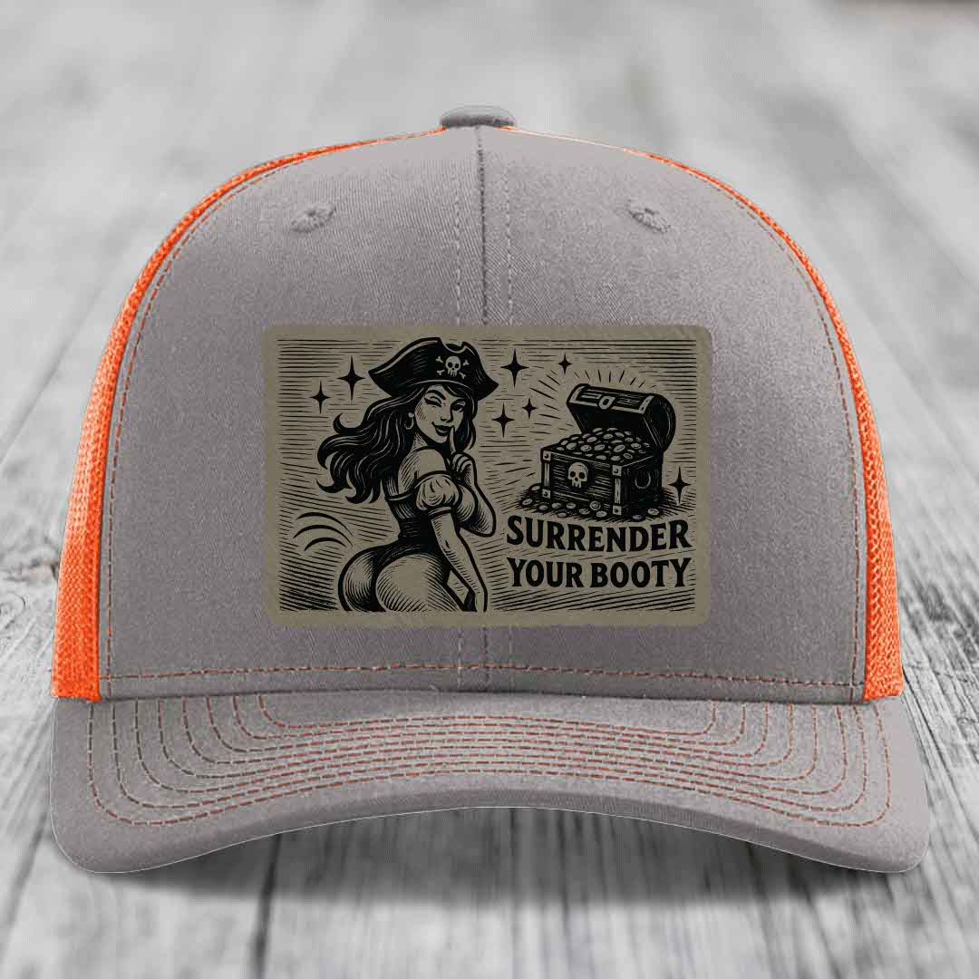 Surrender Your Booty - Leather Patch Hat - Light Brown to Black Patch - Richardson 112 Snapback Trucker Hat