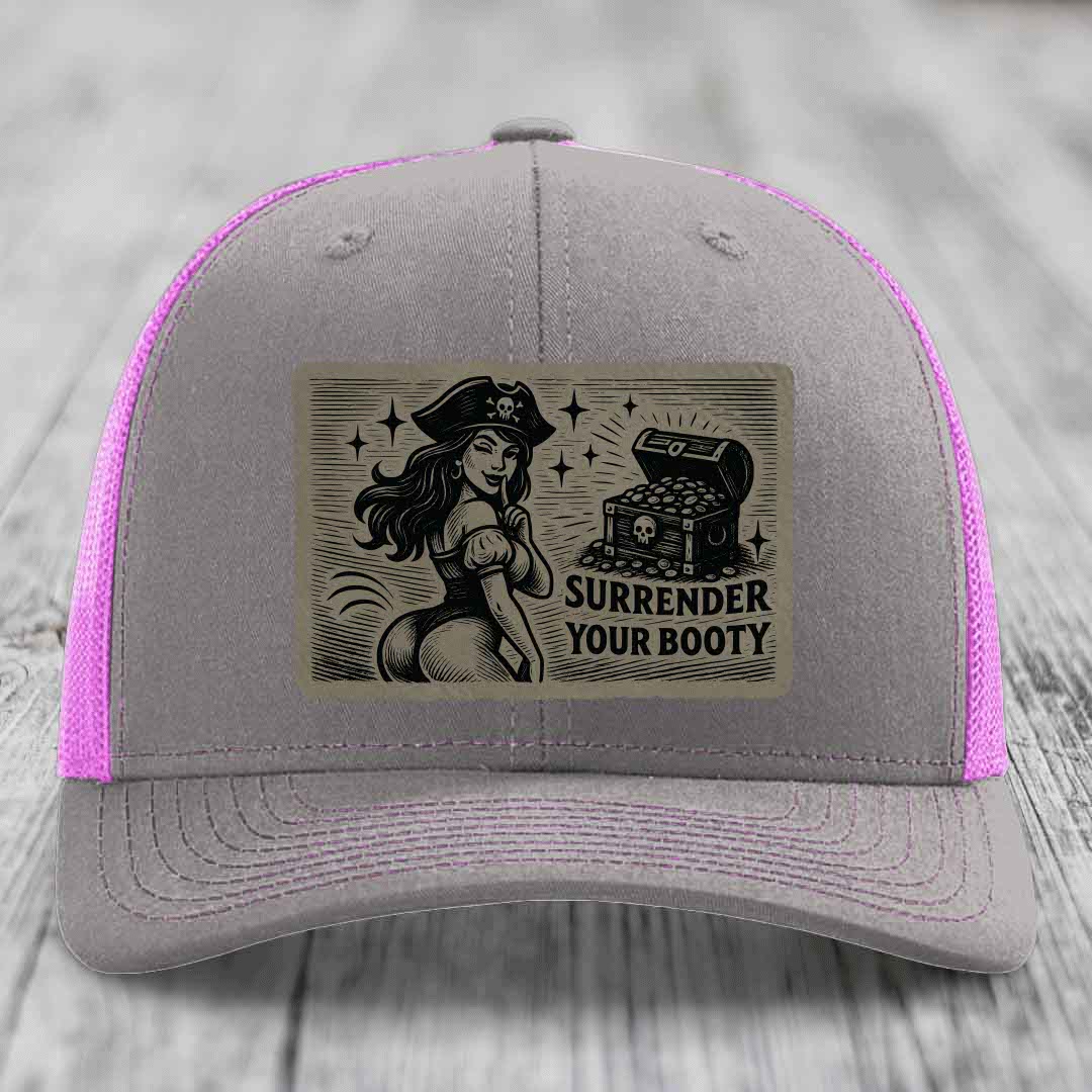 Surrender Your Booty - Leather Patch Hat - Light Brown to Black Patch - Richardson 112 Snapback Trucker Hat