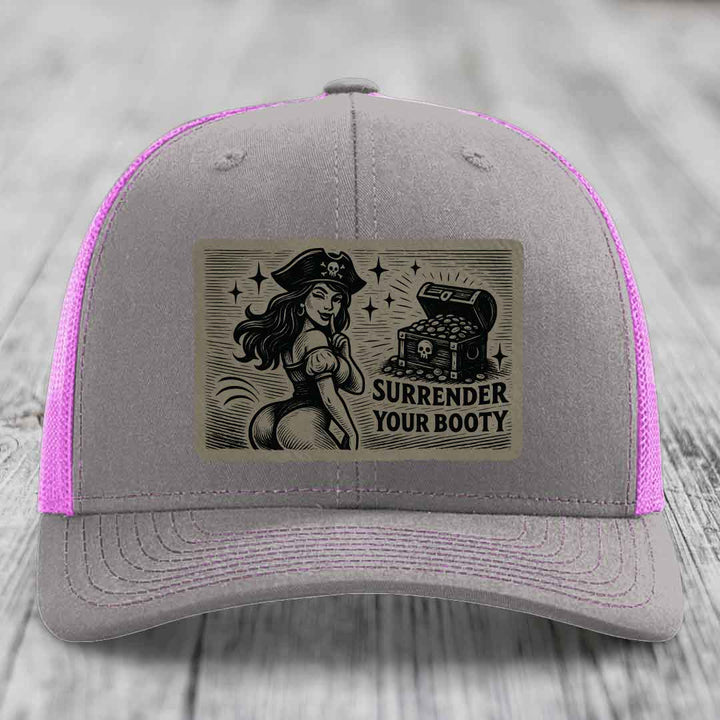 Surrender Your Booty - Leather Patch Hat - Light Brown to Black Patch - Richardson 112 Snapback Trucker Hat