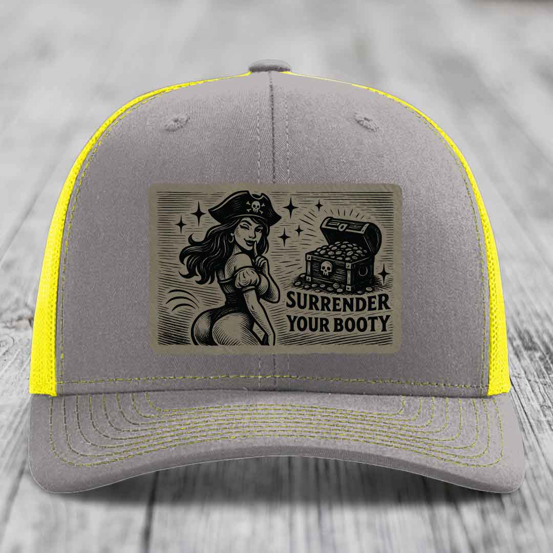 Surrender Your Booty - Leather Patch Hat - Light Brown to Black Patch - Richardson 112 Snapback Trucker Hat