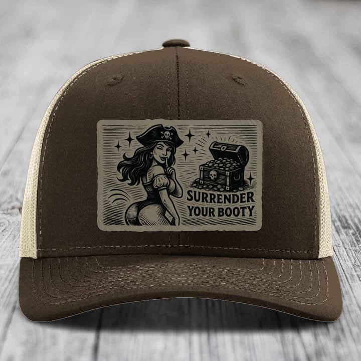 Surrender Your Booty - Leather Patch Hat - Light Brown to Black Patch - Richardson 112 Snapback Trucker Hat