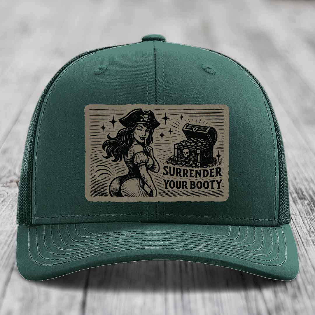 Surrender Your Booty - Leather Patch Hat - Light Brown to Black Patch - Richardson 112 Snapback Trucker Hat