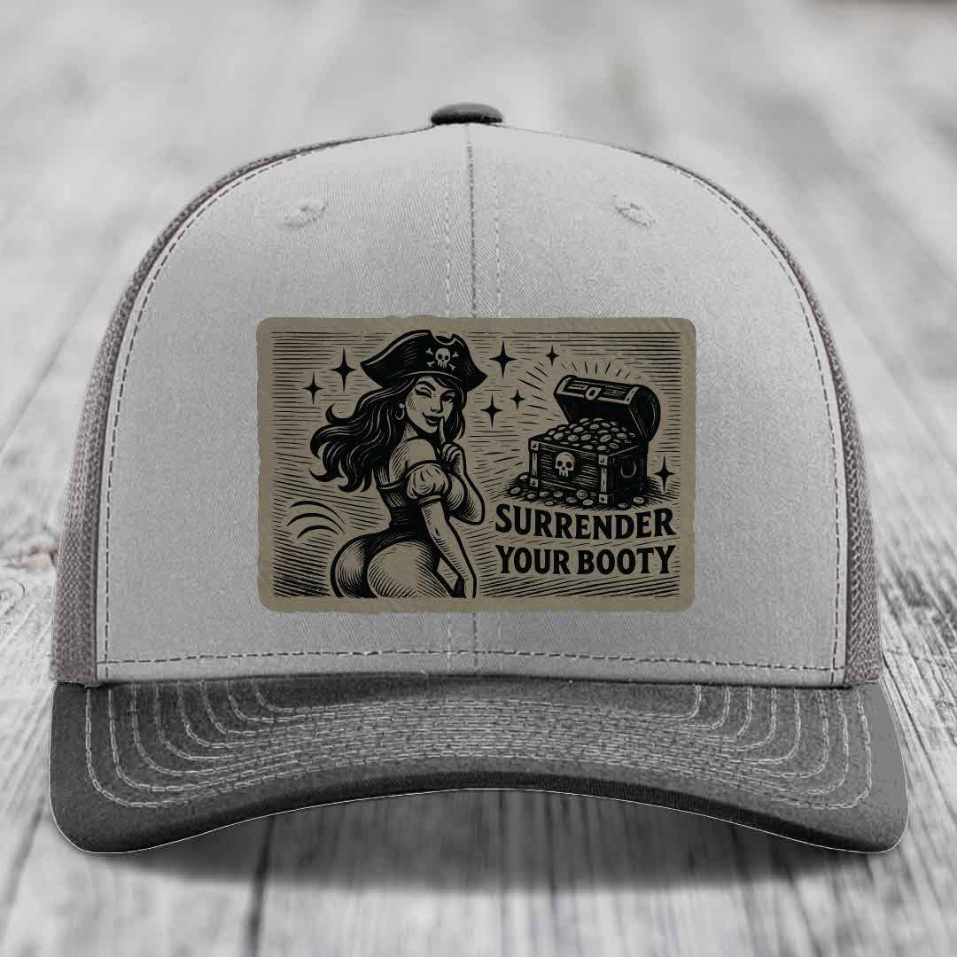 Surrender Your Booty - Leather Patch Hat - Light Brown to Black Patch - Richardson 112 Snapback Trucker Hat