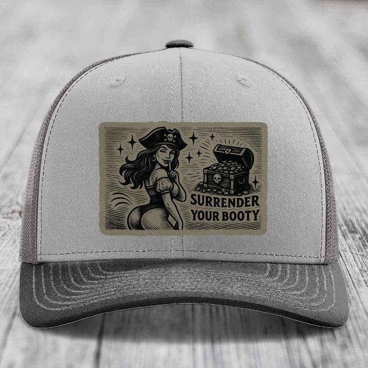 Surrender Your Booty - Leather Patch Hat - Light Brown to Black Patch - Richardson 112 Snapback Trucker Hat