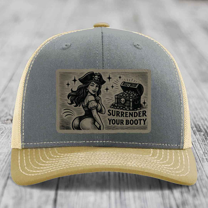 Surrender Your Booty - Leather Patch Hat - Light Brown to Black Patch - Richardson 112 Snapback Trucker Hat