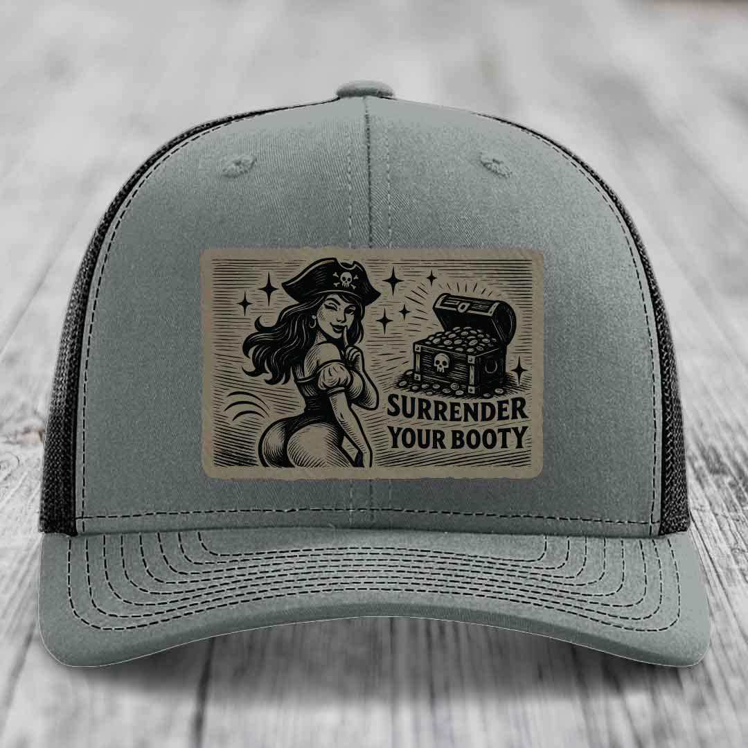 Surrender Your Booty - Leather Patch Hat - Light Brown to Black Patch - Richardson 112 Snapback Trucker Hat