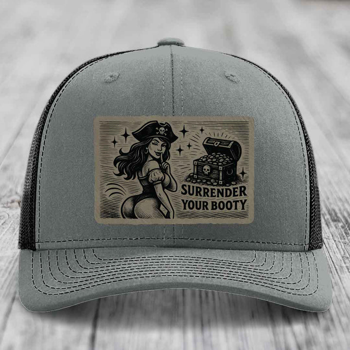 Surrender Your Booty - Leather Patch Hat - Light Brown to Black Patch - Richardson 112 Snapback Trucker Hat