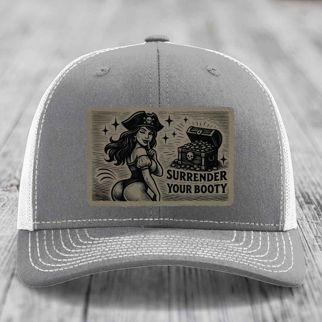 Surrender Your Booty - Leather Patch Hat - Light Brown to Black Patch - Richardson 112 Snapback Trucker Hat