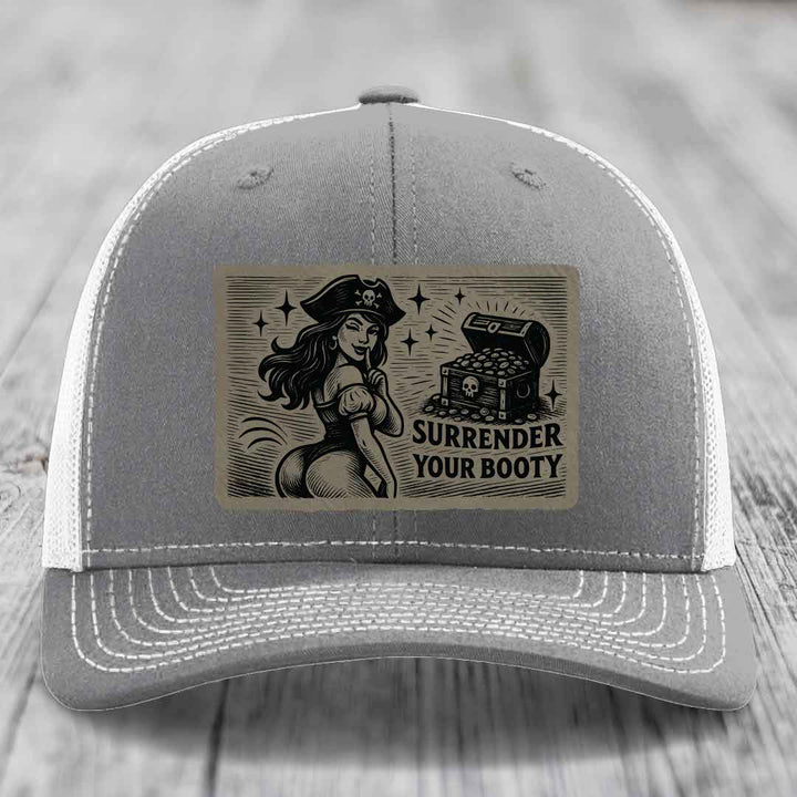 Surrender Your Booty - Leather Patch Hat - Light Brown to Black Patch - Richardson 112 Snapback Trucker Hat