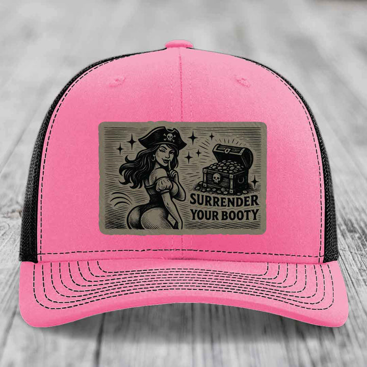 Surrender Your Booty - Leather Patch Hat - Light Brown to Black Patch - Richardson 112 Snapback Trucker Hat