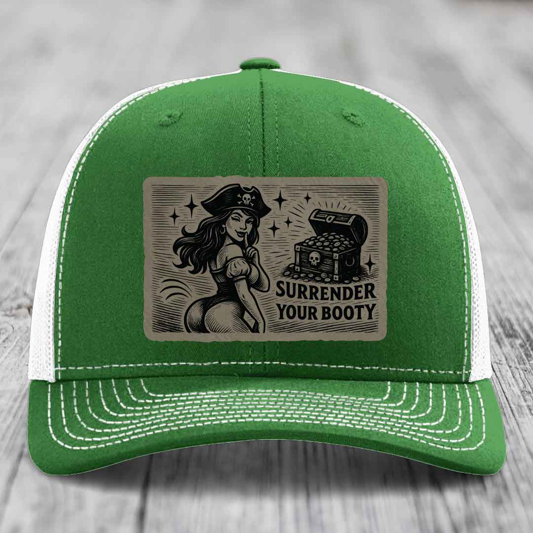 Surrender Your Booty - Leather Patch Hat - Light Brown to Black Patch - Richardson 112 Snapback Trucker Hat