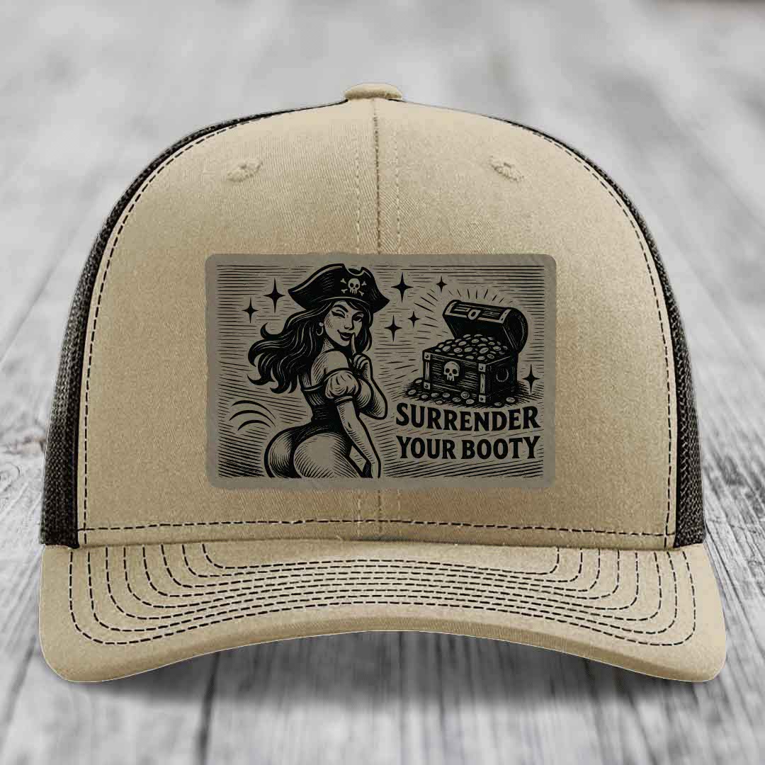 Surrender Your Booty - Leather Patch Hat - Light Brown to Black Patch - Richardson 112 Snapback Trucker Hat