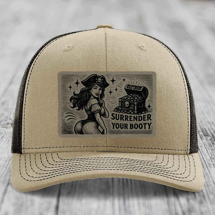 Surrender Your Booty - Leather Patch Hat - Light Brown to Black Patch - Richardson 112 Snapback Trucker Hat