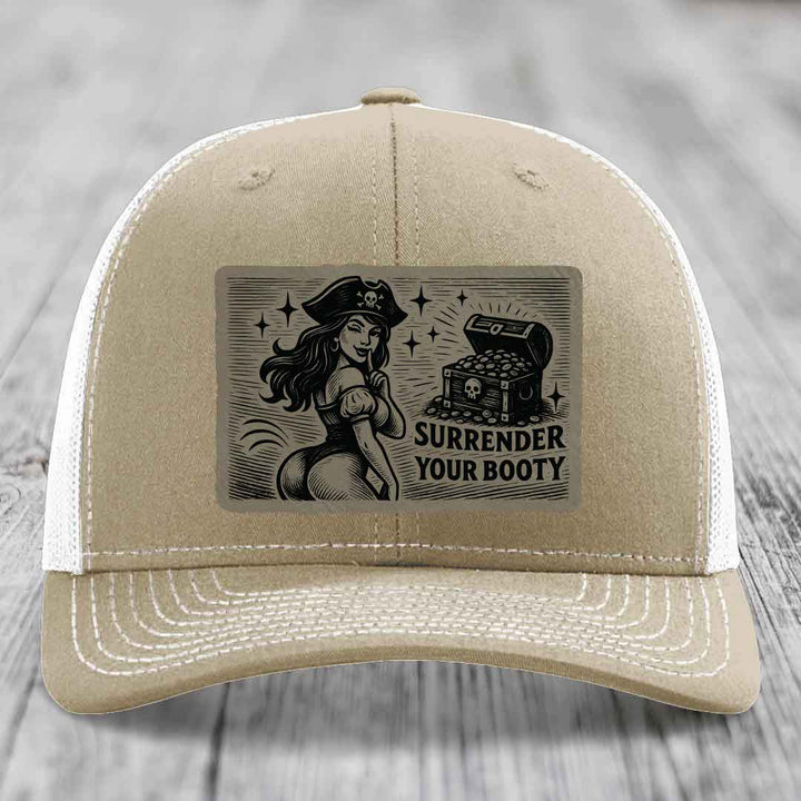 Surrender Your Booty - Leather Patch Hat - Light Brown to Black Patch - Richardson 112 Snapback Trucker Hat
