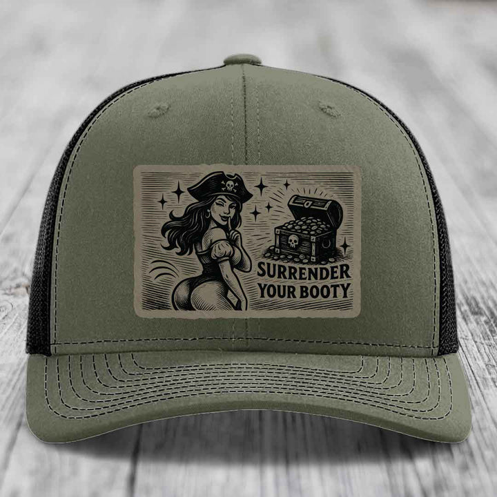 Surrender Your Booty - Leather Patch Hat - Light Brown to Black Patch - Richardson 112 Snapback Trucker Hat