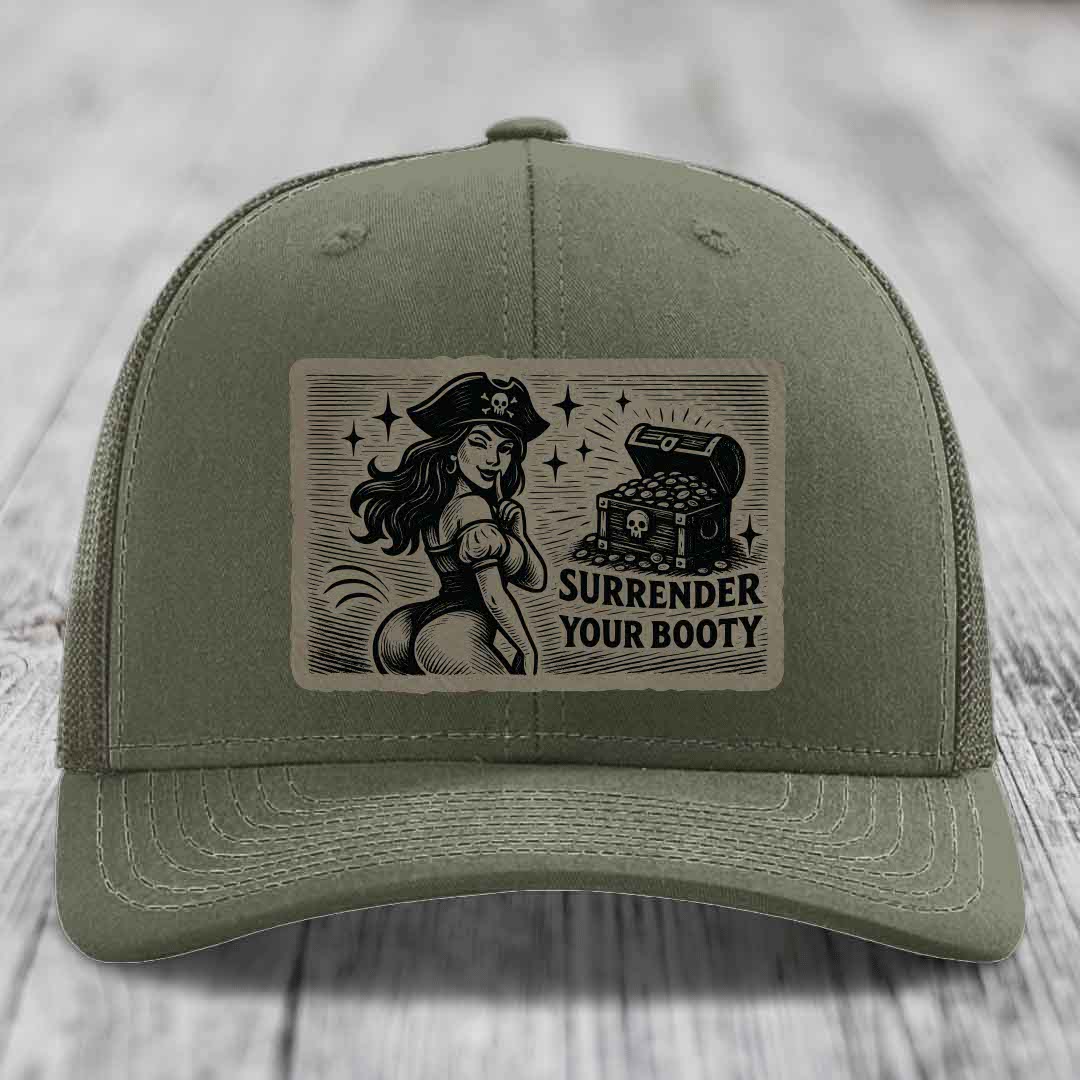 Surrender Your Booty - Leather Patch Hat - Light Brown to Black Patch - Richardson 112 Snapback Trucker Hat
