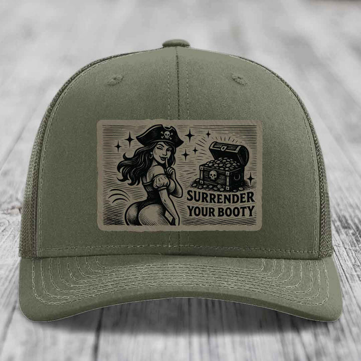 Surrender Your Booty - Leather Patch Hat - Light Brown to Black Patch - Richardson 112 Snapback Trucker Hat