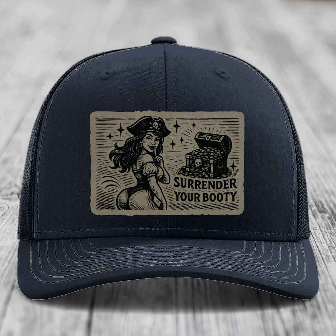 Surrender Your Booty - Leather Patch Hat - Light Brown to Black Patch - Richardson 112 Snapback Trucker Hat