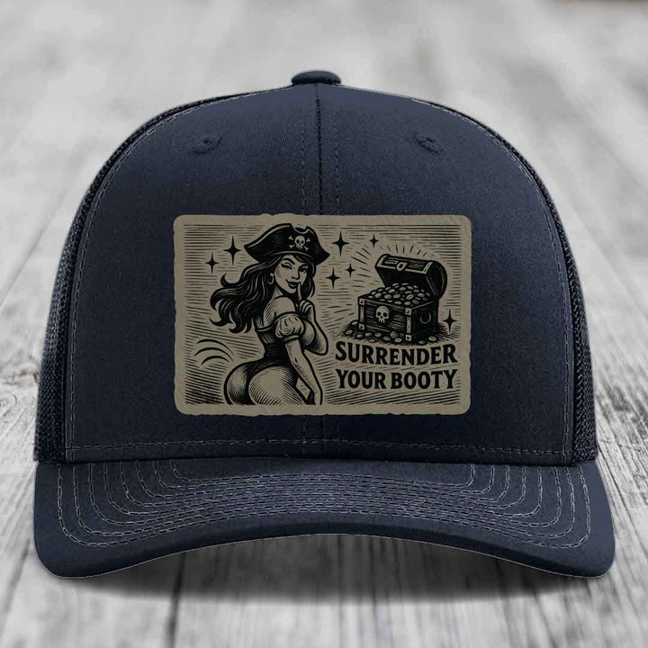 Surrender Your Booty - Leather Patch Hat - Light Brown to Black Patch - Richardson 112 Snapback Trucker Hat