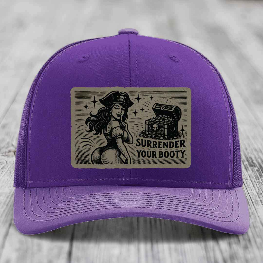 Surrender Your Booty - Leather Patch Hat - Light Brown to Black Patch - Richardson 112 Snapback Trucker Hat