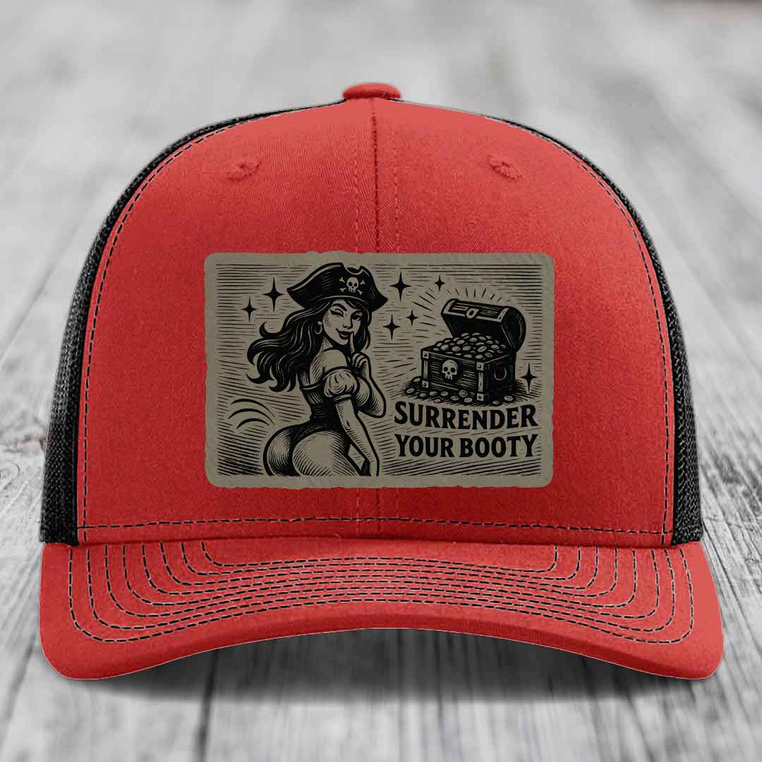 Surrender Your Booty - Leather Patch Hat - Light Brown to Black Patch - Richardson 112 Snapback Trucker Hat