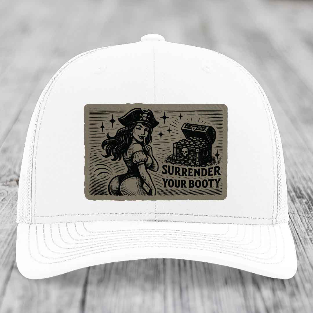 Surrender Your Booty - Leather Patch Hat - Light Brown to Black Patch - Richardson 112 Snapback Trucker Hat