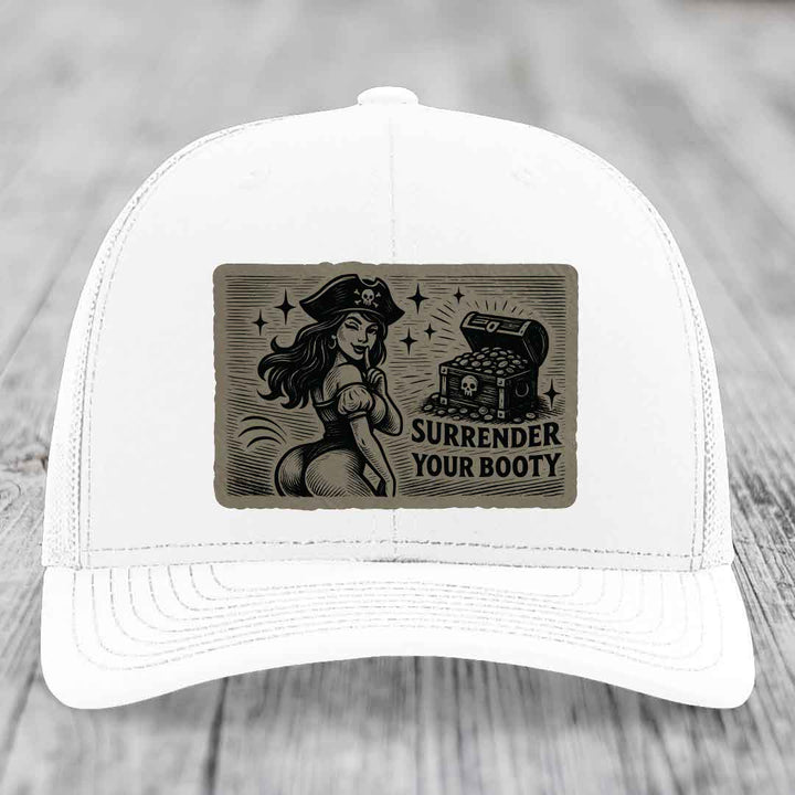Surrender Your Booty - Leather Patch Hat - Light Brown to Black Patch - Richardson 112 Snapback Trucker Hat