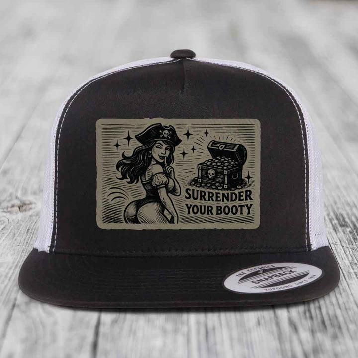 Surrender Your Booty - Leather Patch Hat - Light Brown to Black Patch - Yupoong 6006 Snapback Flatbill Hat