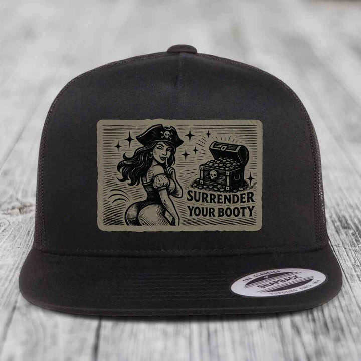 Surrender Your Booty - Leather Patch Hat - Light Brown to Black Patch - Yupoong 6006 Snapback Flatbill Hat