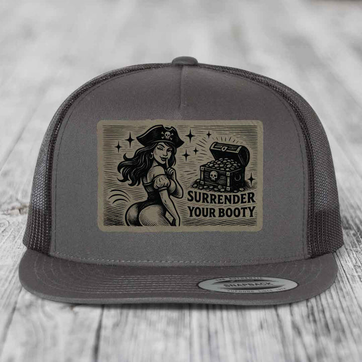 Surrender Your Booty - Leather Patch Hat - Light Brown to Black Patch - Yupoong 6006 Snapback Flatbill Hat