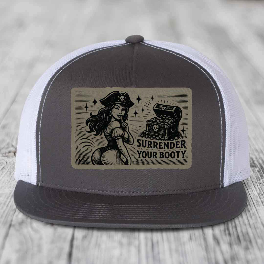 Surrender Your Booty - Leather Patch Hat - Light Brown to Black Patch - Yupoong 6006 Snapback Flatbill Hat